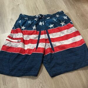 Burnside Men’s USA Flag Swim Trunks Lined Patriotic Red White Blue